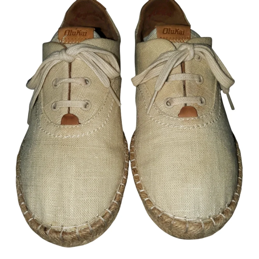 OLUKAI Kaula Pa'a Li Cream Linen LaceUp Boho Minimalist‎ Espadrille Flats Size 7